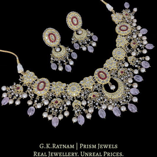23k Gold and Diamond Polki Necklace Set with Antique Freshwater Pearls and Morganites