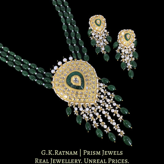 23k Gold and Diamond Polki Pendant Set with emerald-green Strawberry Quartz and Pearls - G. K. Ratnam