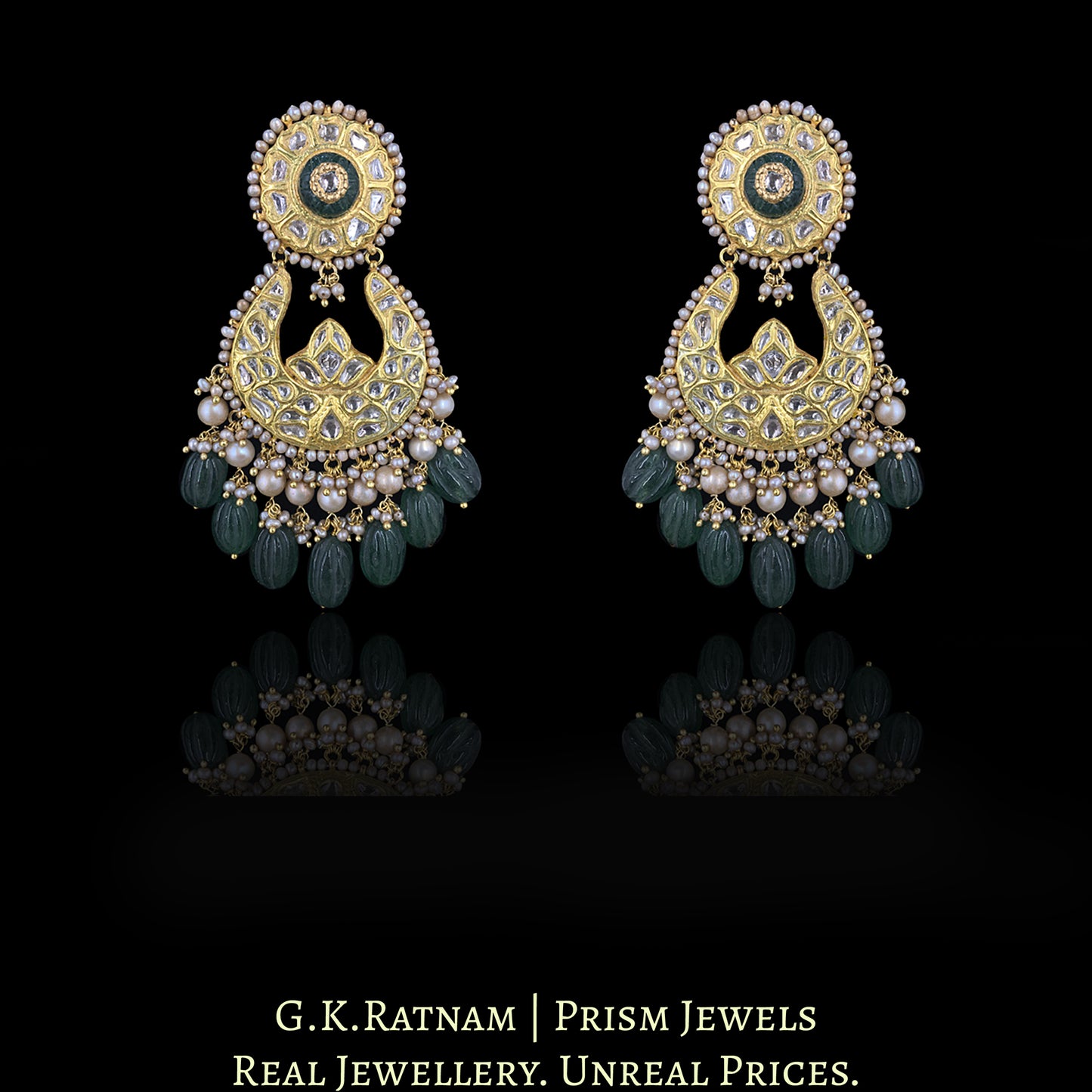 23k Gold and Diamond Polki Long Necklace Set with Antiqued Freshwater Pearls and Strawberry Quartz Melons - G. K. Ratnam