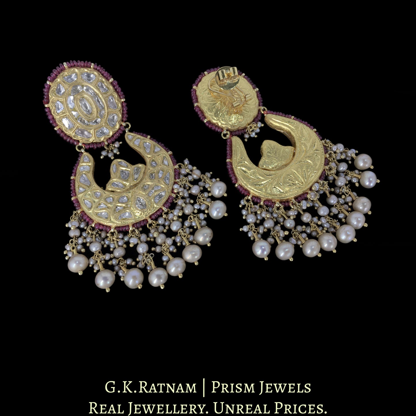 23k Gold and Diamond Polki Chand Bali Earring Pair enhanced with Rubies and Antiqued Hyderabadi Pearls - G. K. Ratnam