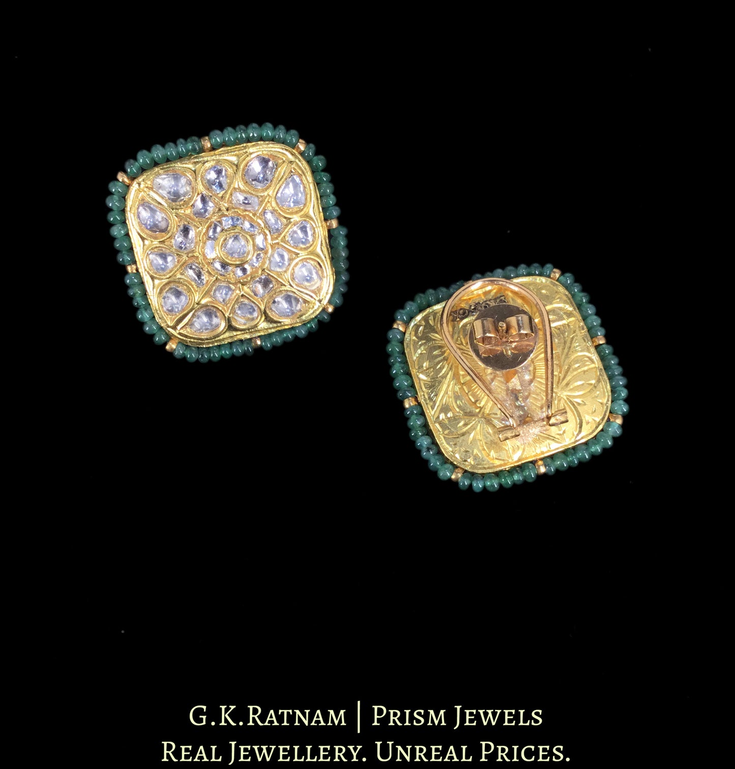 23k Gold and Diamond Polki Karnfool Earring Pair with Emeralds - G. K. Ratnam
