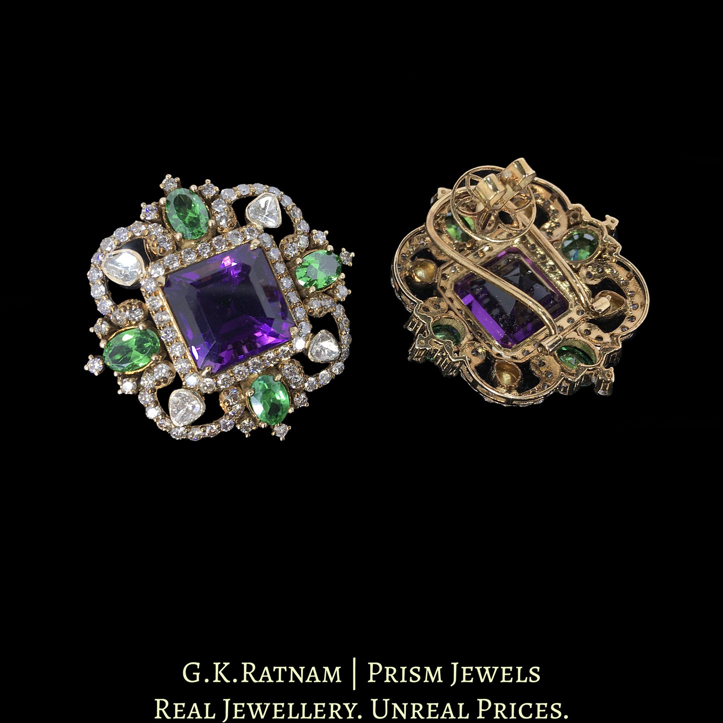 14k Gold and Diamond Polki Open Setting Karanphool Earring Pair with Amethysts and Emeralds