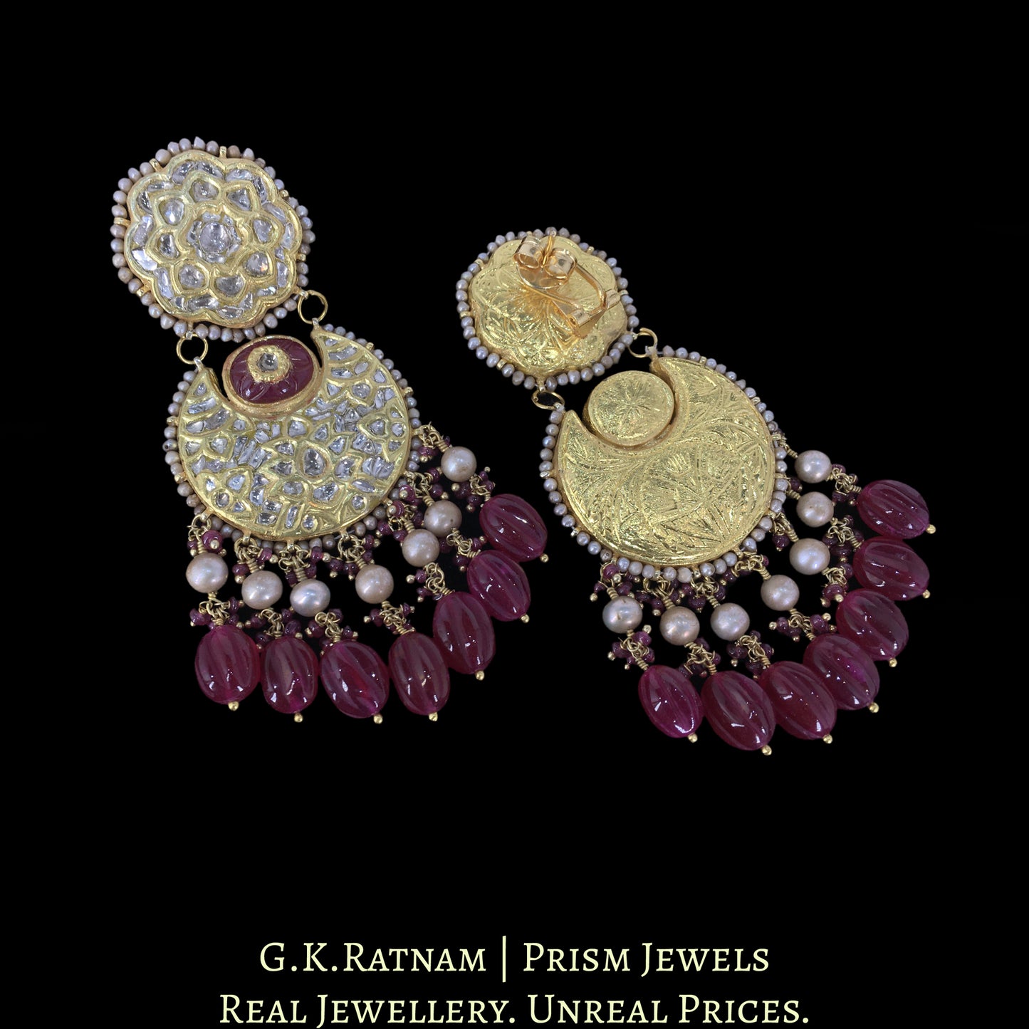 23K Gold and Diamond Polki Chand Bali Earring Pair with Antiqued Freshwater Pearls and hand-carved Quartz