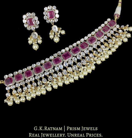 14k Gold And Diamond Polki Open Setting Choker Necklace Set with faceted Rubies - G. K. Ratnam