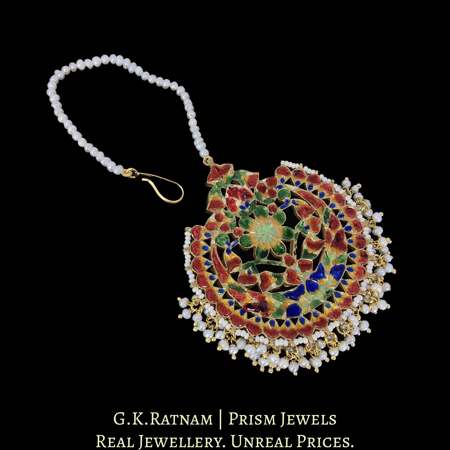 18k Gold and Diamond Polki Maang Tika with Natural Freshwater Pearls