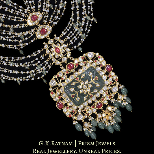 18k Gold and Diamond Polki carved-stone-center Pendant with Natural Freshwater Pearl Chains
