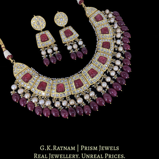 23k Gold and Diamond Polki Necklace Set with Rubies