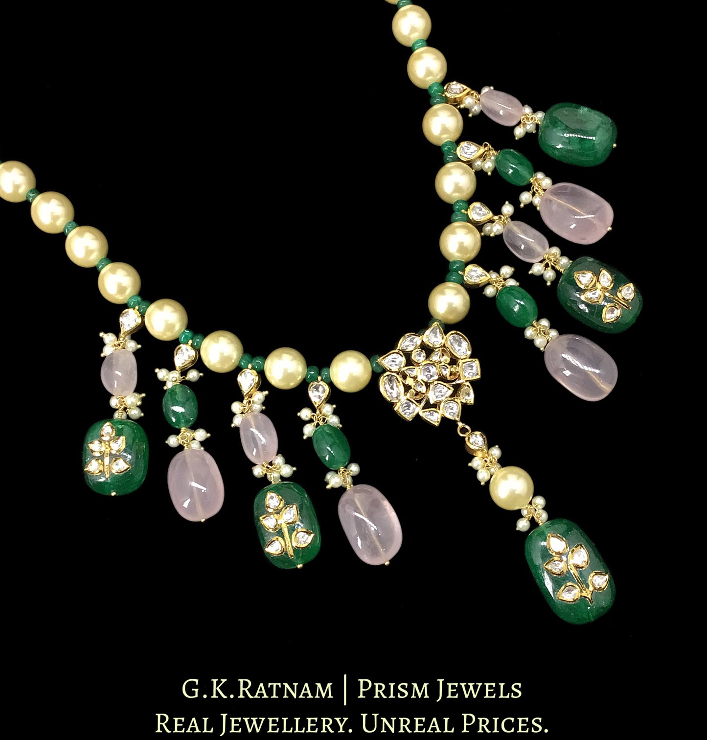 18k Gold and Diamond Polki Necklace with Pearls, Rose Quartz and Beryls with intricately set Polkies