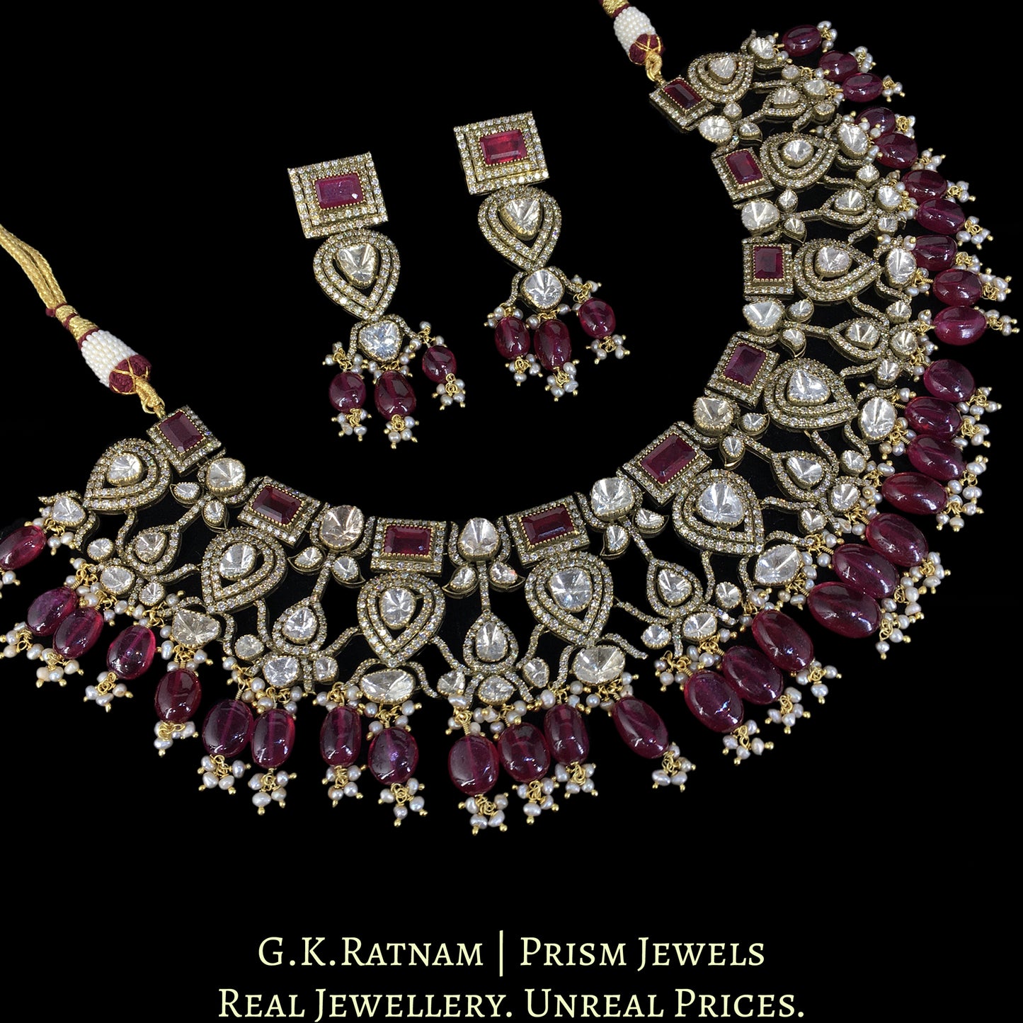 14k Gold and Diamond Polki Open Setting Necklace Set with Rubies