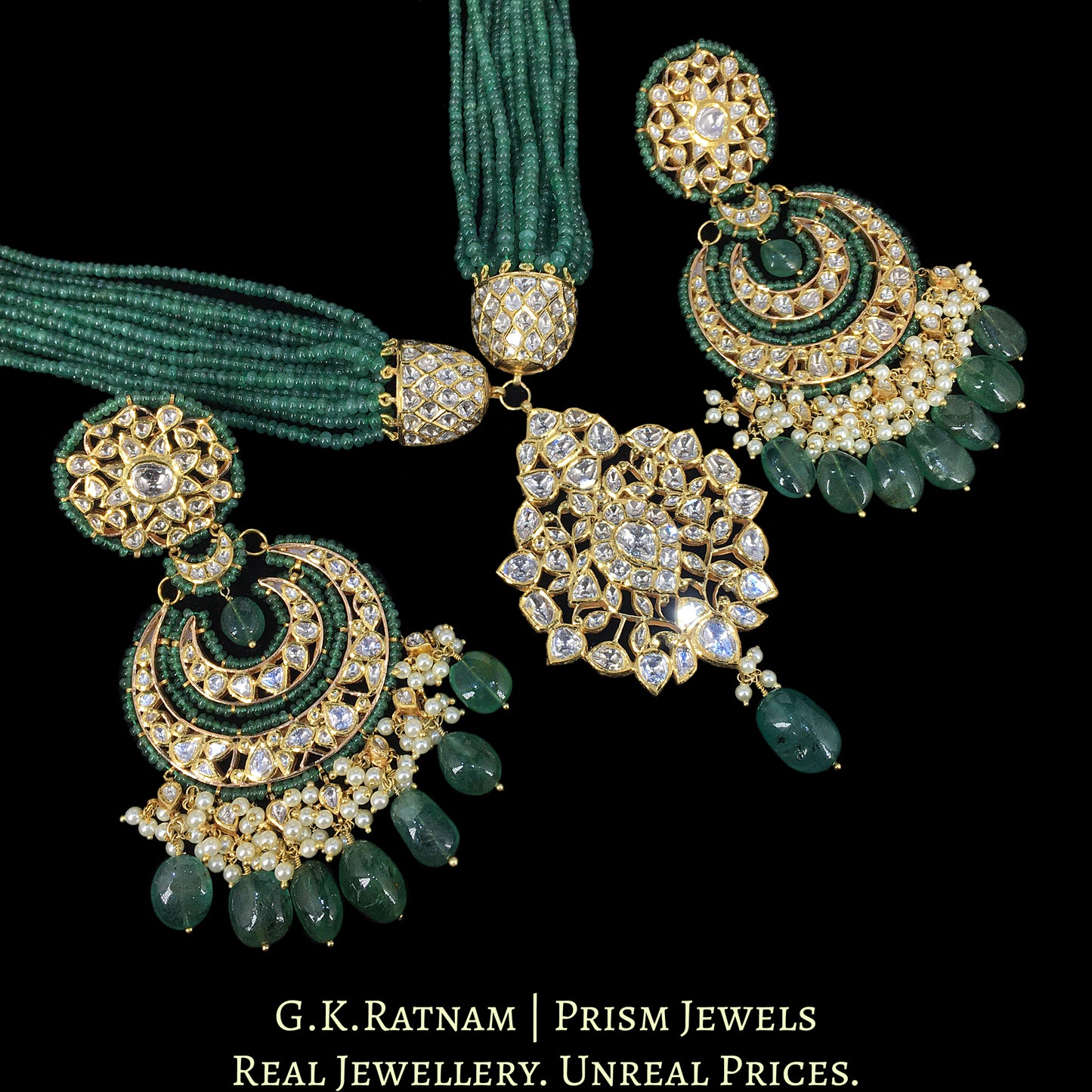 18k Gold and Diamond Polki Pendant Set enhanced with Natural Emerald Bunches - G. K. Ratnam