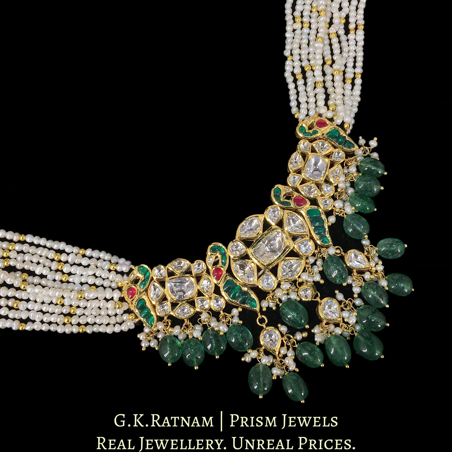 22k Gold and Diamond Polki Necklace with Natural Freshwater Pearls and Strawberry Quartz - G. K. Ratnam