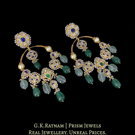 23k Gold and Diamond Polki pipe-style Chand Bali Earring Pair with Antiqued Freshwater Pearls and Strawberry Quartz