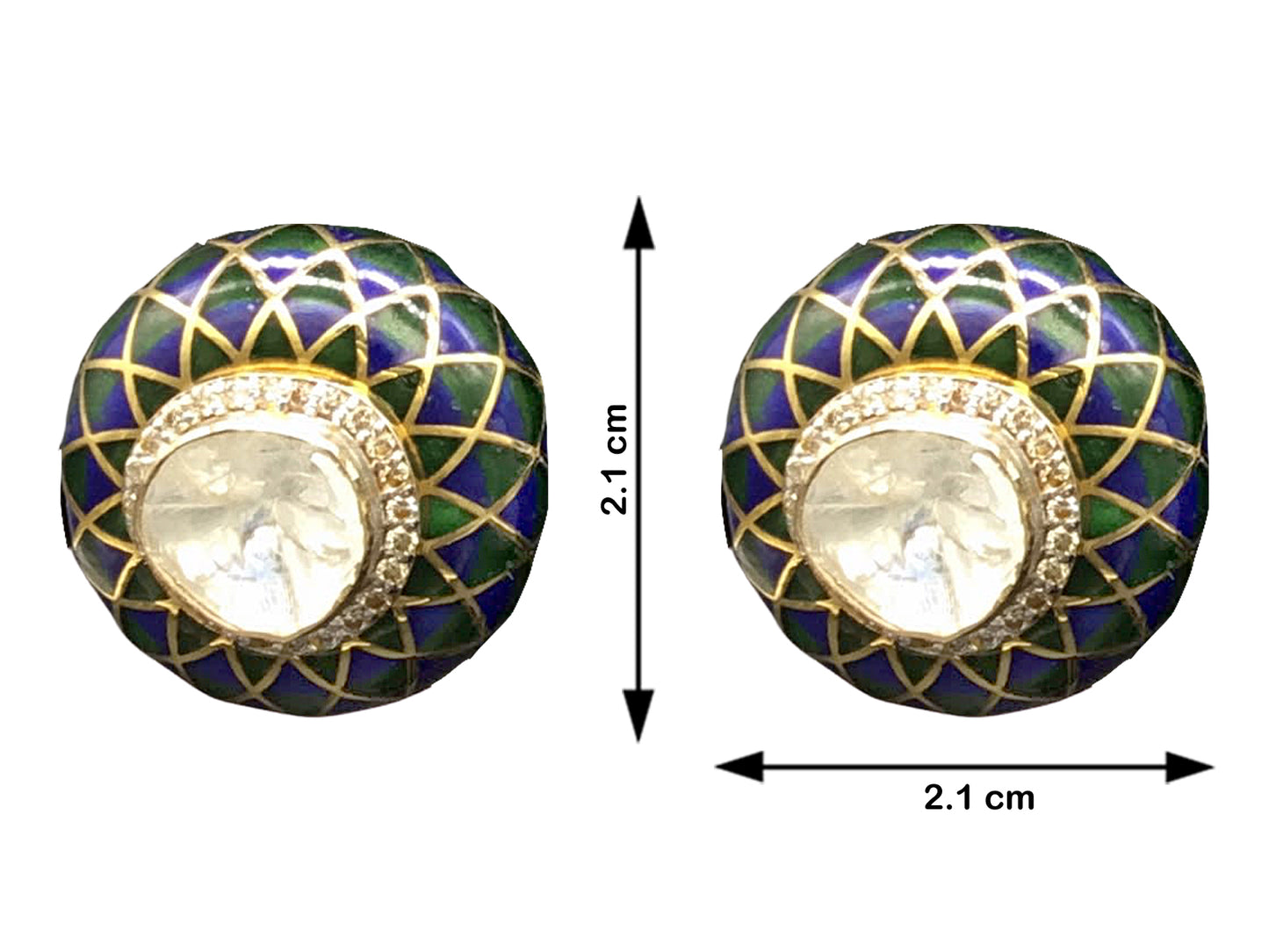 14k Gold and Diamond Polki Open Setting Tops / Studs Earring Pair with a vibrantly enamelled detachable disc