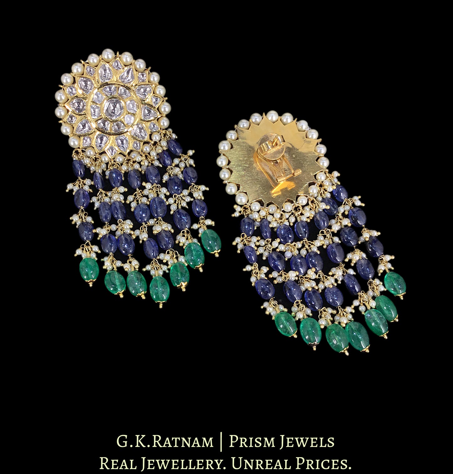 18k Gold and Diamond Polki Karnfool Earring Pair with Blue Sapphires, Beryls and Freshwater Pearls