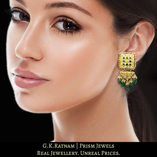 23k Gold and Diamond Polki Long Earring Pair with emerald-grade beryls and antique pearls