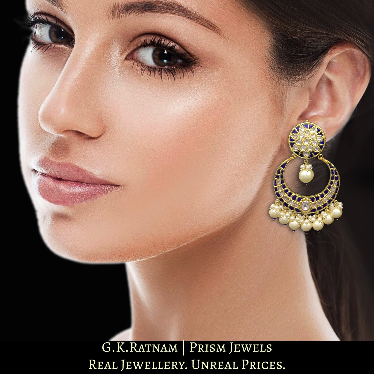 23k Gold and Diamond Polki Chand Bali Earring pair with intricately set blue stones