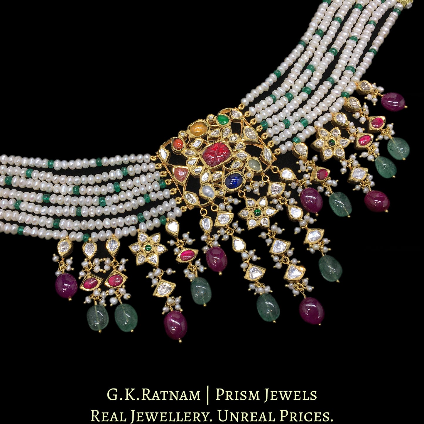 18k Gold and Diamond Polki Navratna Choker Necklace with Hyderabadi Pearls, Beryls and Rubies