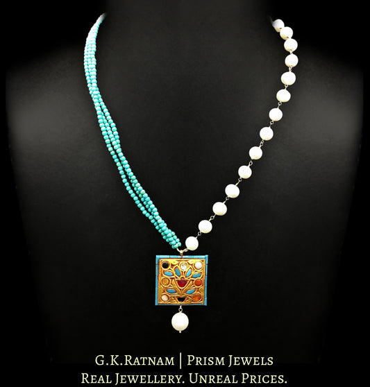 23k Gold and Diamond Polki small Navratna Pendant with Turquoise walls - G. K. Ratnam