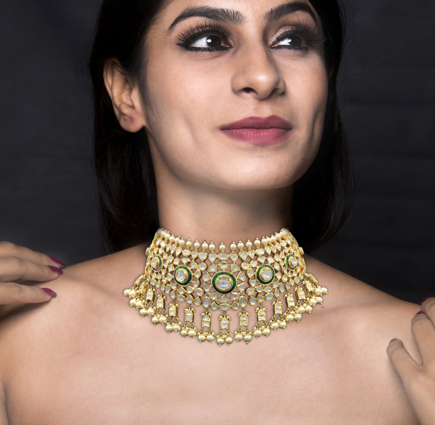 18k Gold and Diamond Polki green Choker Necklace Set with fish-shaped uncut hangings - G. K. Ratnam