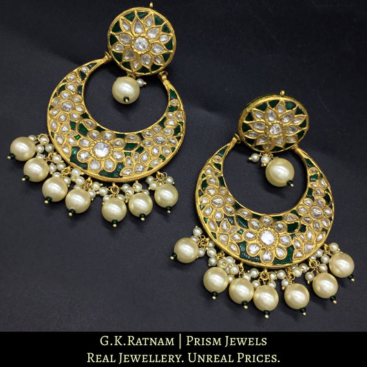23k Gold and Diamond Polki Chand Bali Earring pair with emerald-green stones and shell pearls - G. K. Ratnam