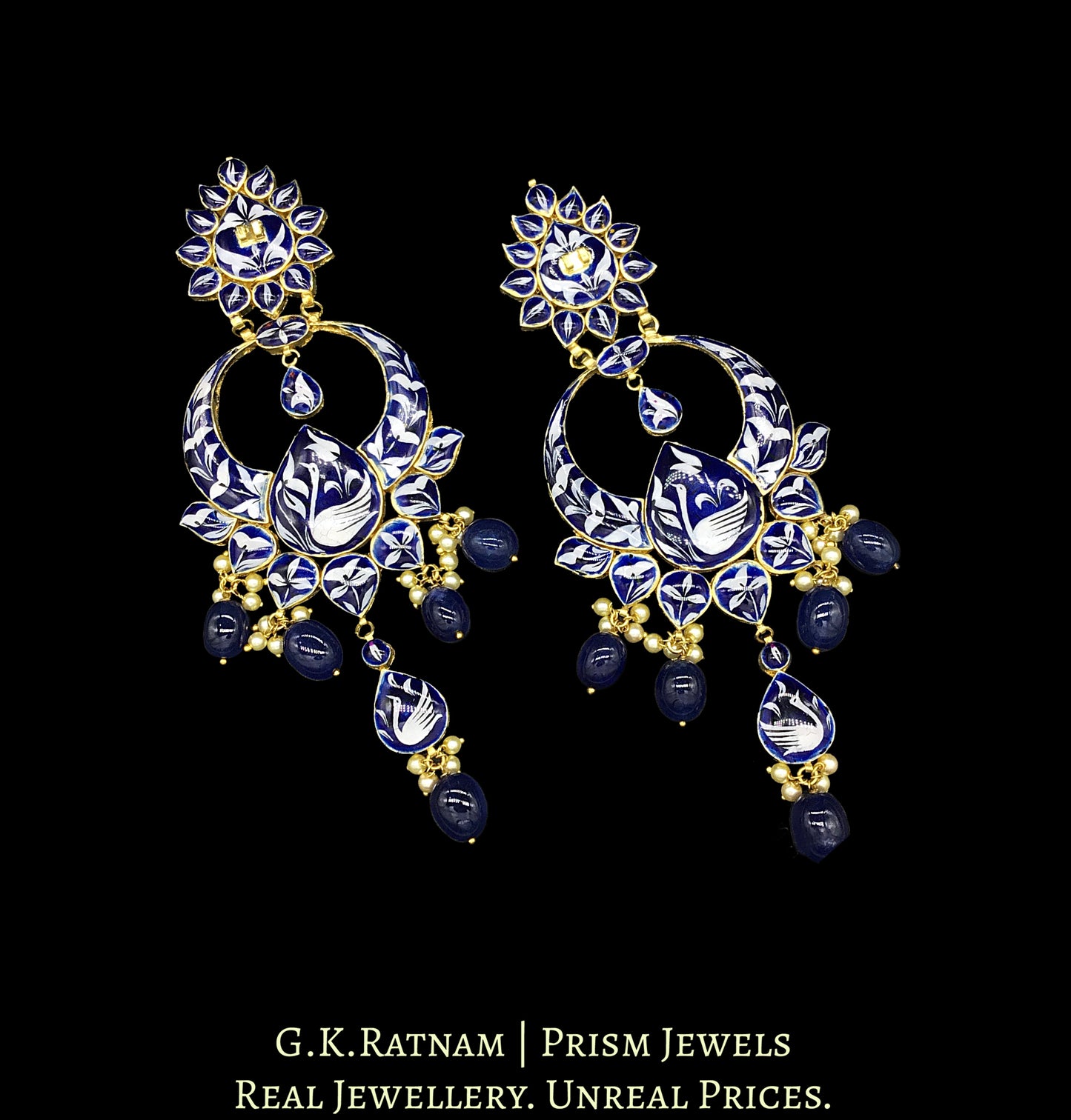 18k Gold and Diamond Polki Chand Bali Earring pair with blue and white pottery (enamelling)