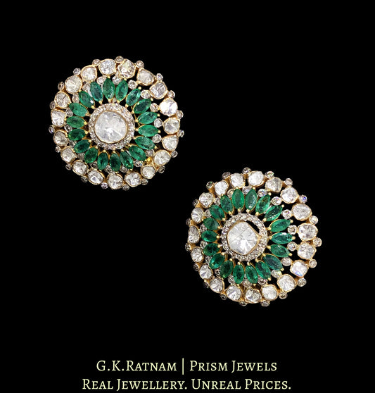 14k Gold and Diamond Polki Open Setting Karanphool Earring Pair with Natural Emerald marquises