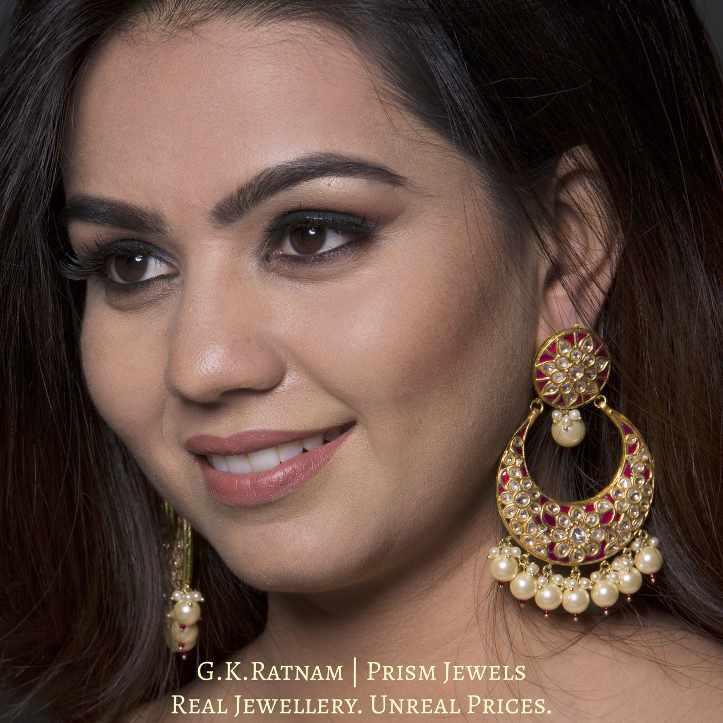 23k Gold and Diamond Polki Chand Bali Earring Pair with ruby-red stones and shell pearls