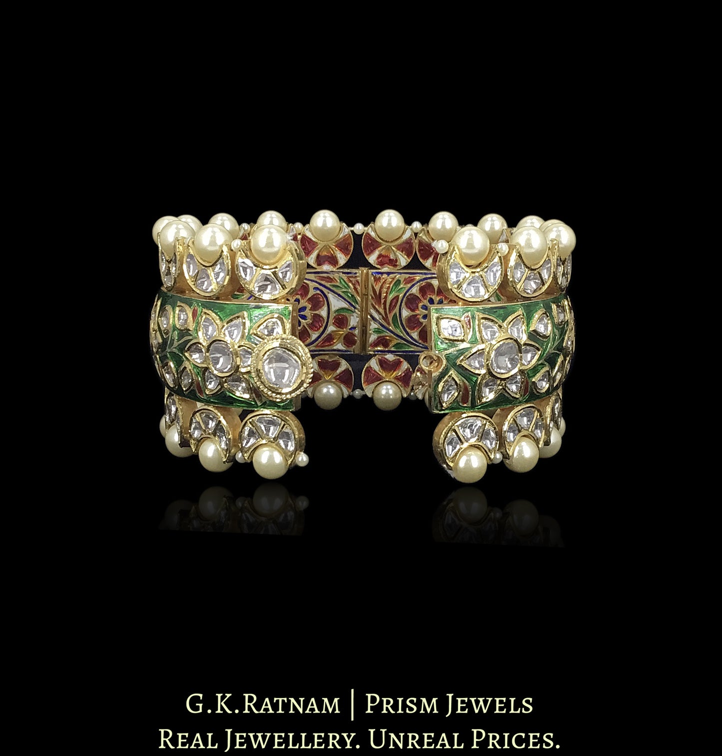 18k Gold and Diamond Polki broad Bangle with Green Meenakari