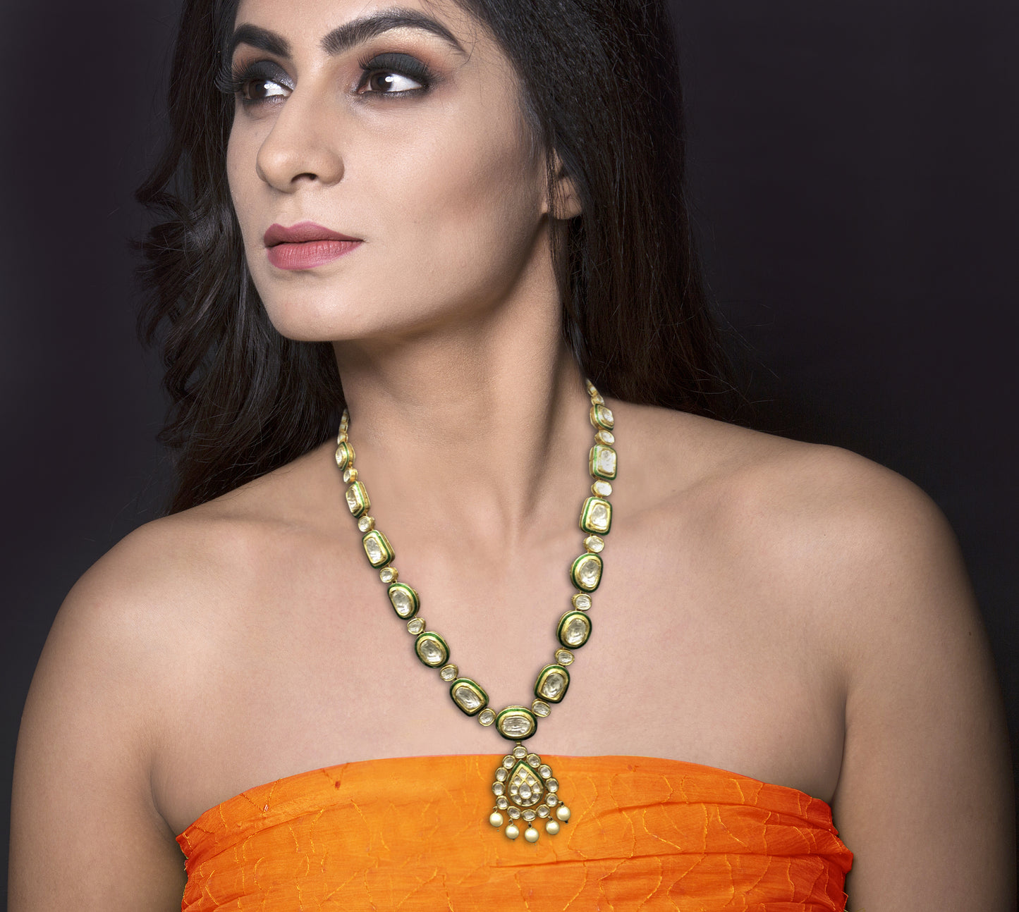 18k Gold and Diamond Polki Necklace Set with big uncuts surrounded by green enamelling