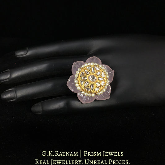 23k Gold and Diamond Polki Ring With Floral Rose Quartz Carving