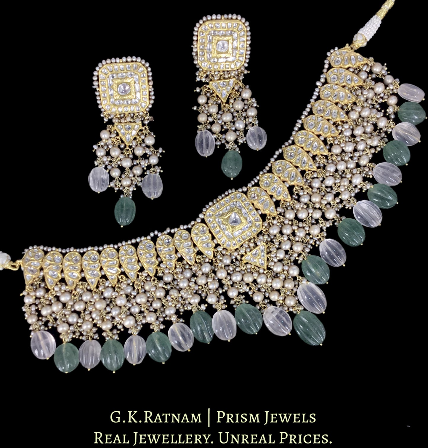 23k Gold and Diamond Polki Necklace Set strung with Antiqued Freshwater Pearls and Strawberry Quartz Melons