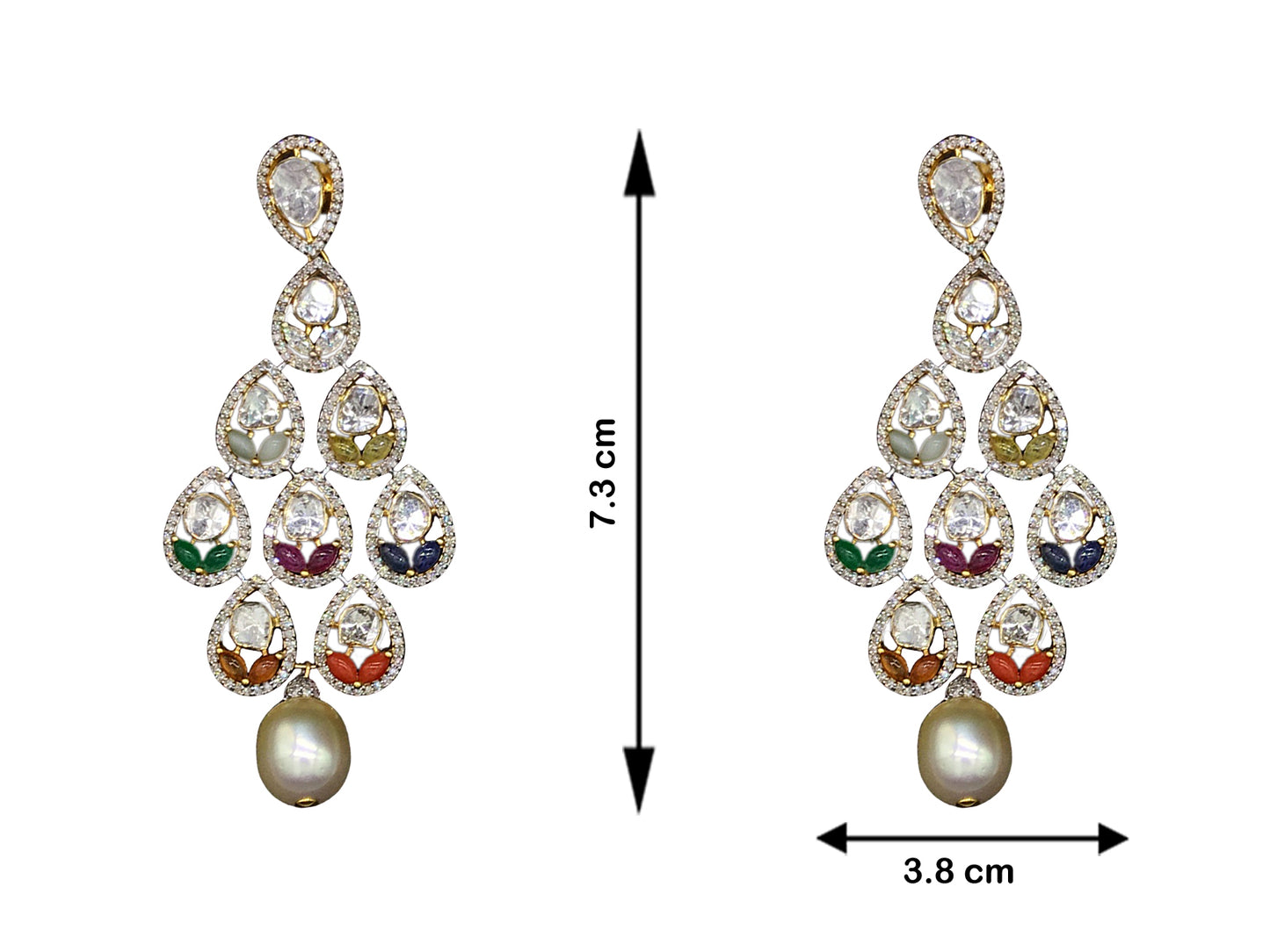 14k Gold and Diamond Polki Open Setting Long Earring Pair with Navratna Stones