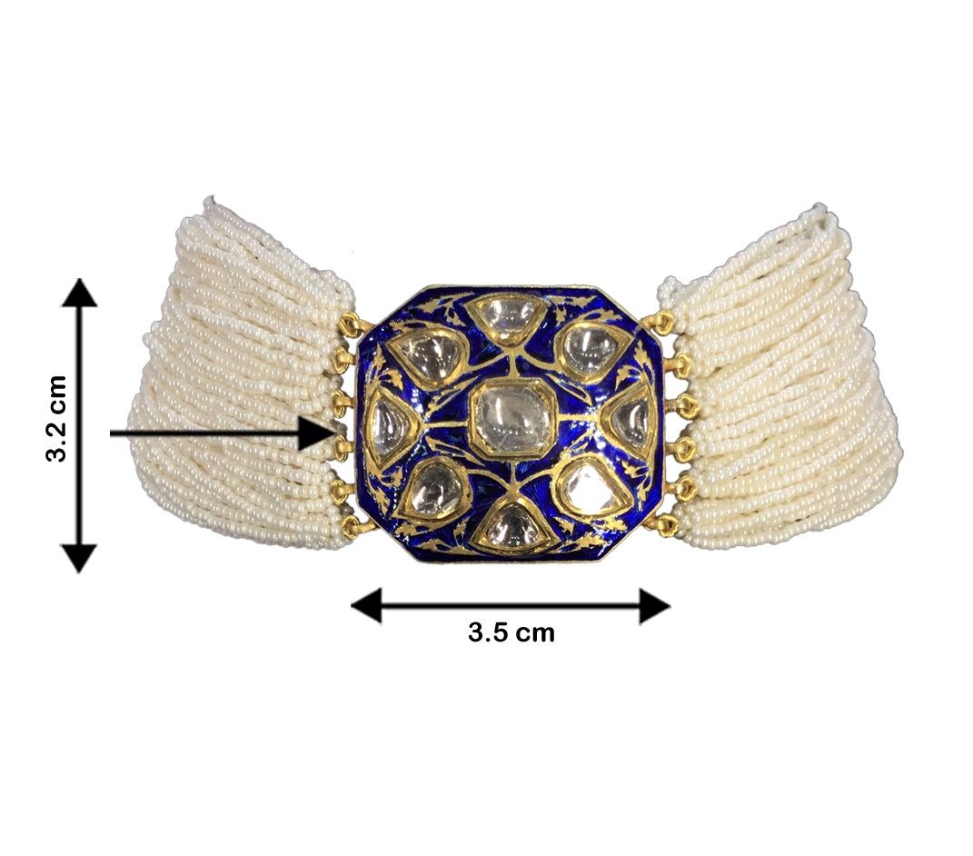 18k Gold and Diamond Polki Octagonal Choker Necklace With Blue Enamel