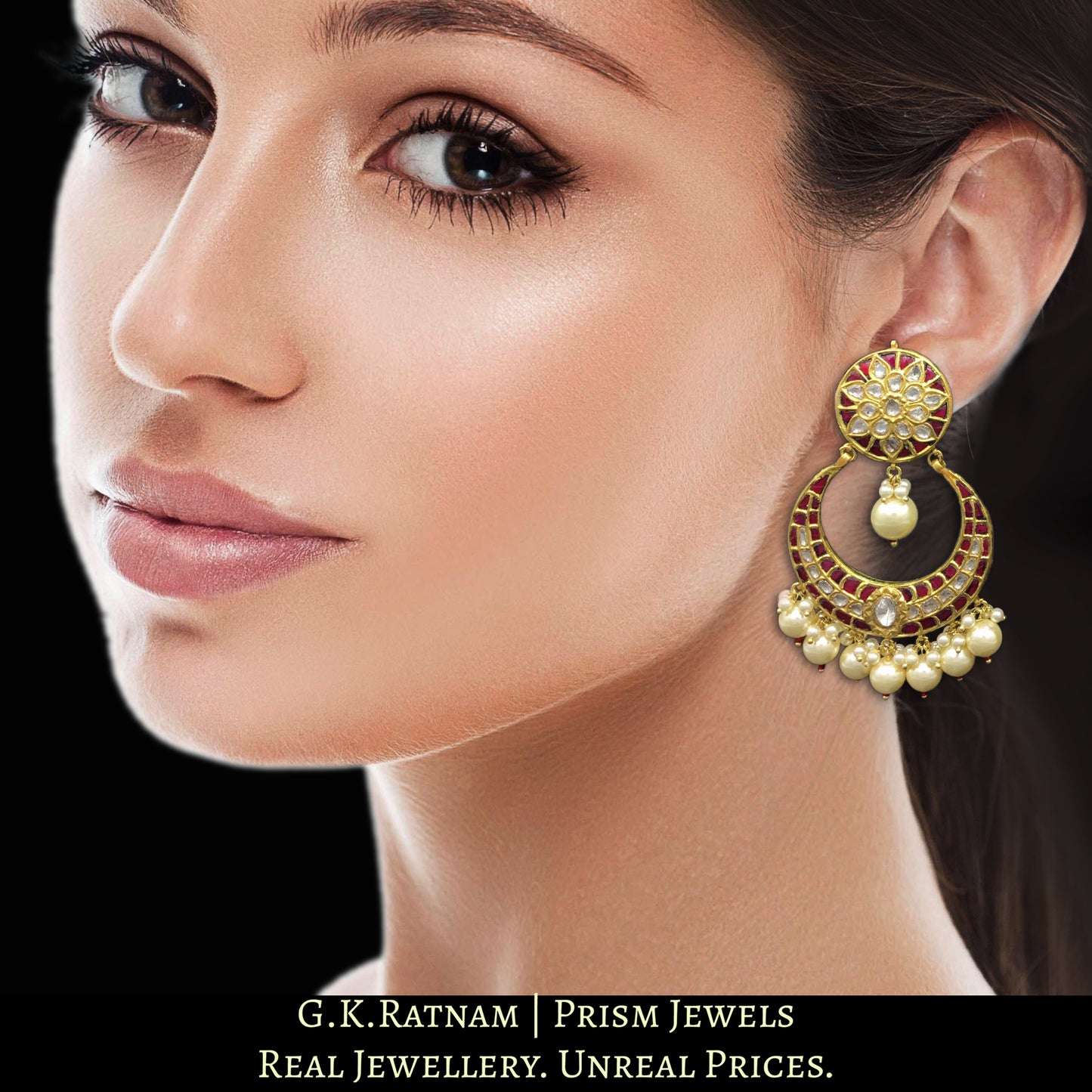 23k Gold and Diamond Polki Chand Bali Earring Pair with ruby-red stones and shell pearl clusters