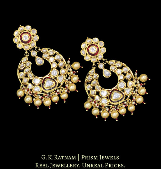 Traditional Gold and Diamond Polki Chand Bali Earring Pair with rubies and pearls strung with a hint of red - G. K. Ratnam