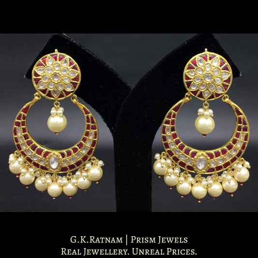 23k Gold and Diamond Polki Chand Bali Earring Pair with ruby-red stones and shell pearl clusters