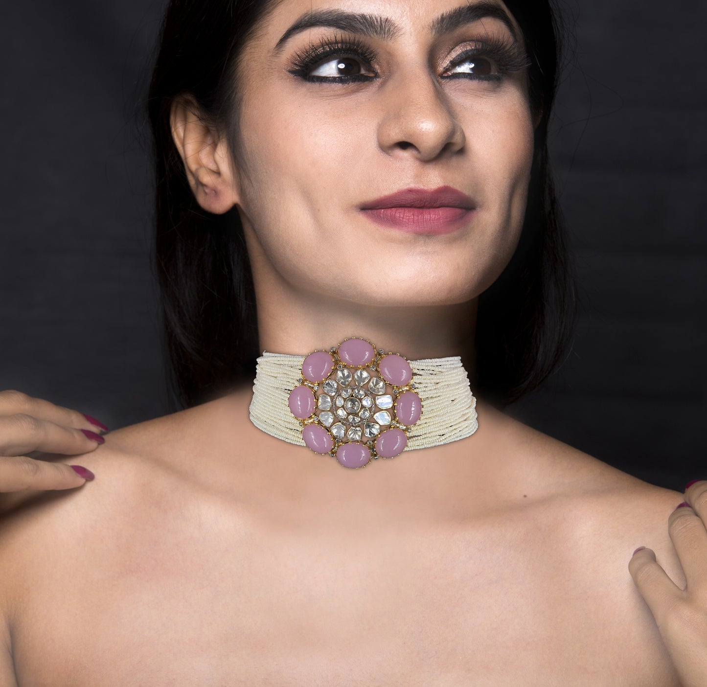 18k Gold and Diamond Polki Open Setting Choker Necklace With Chid Bunches
