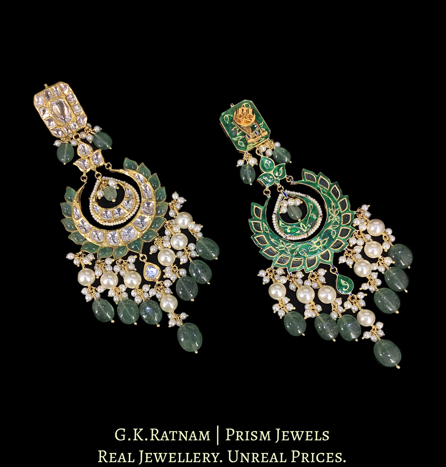 18k Gold and Diamond Polki Chand Bali Earring Pair with Green Strawberry Quartz
