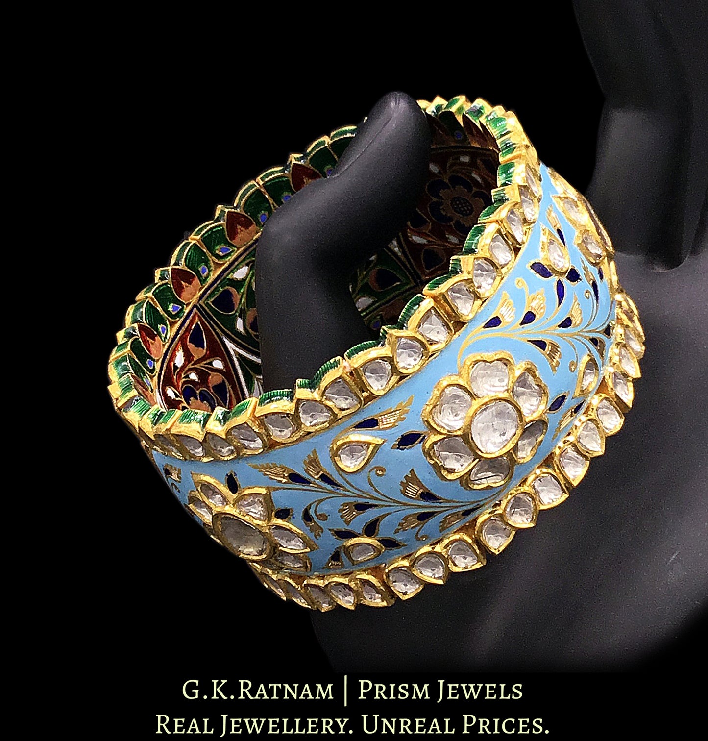 22k Gold and Diamond Polki Bangle with turquoise enamel
