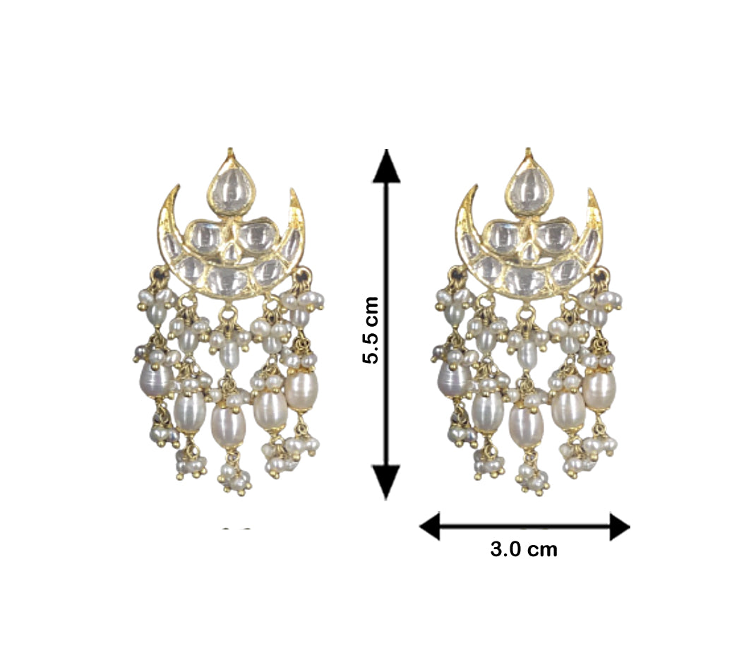 18k Gold and Diamond Polki chand-shaped Karanphool Earring Pair With Natural Freshwater Pearls