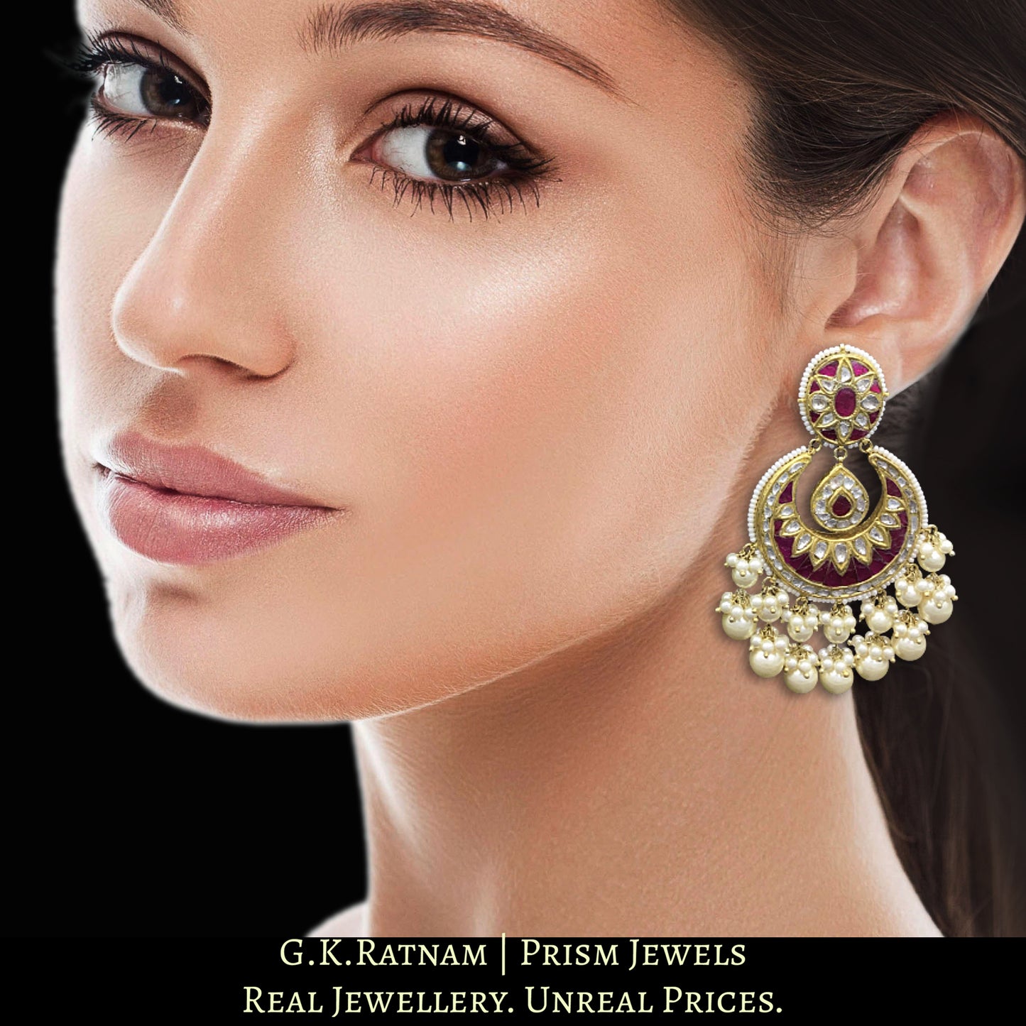 23k Gold and Diamond Polki Chand Bali Earring pair with Rubies