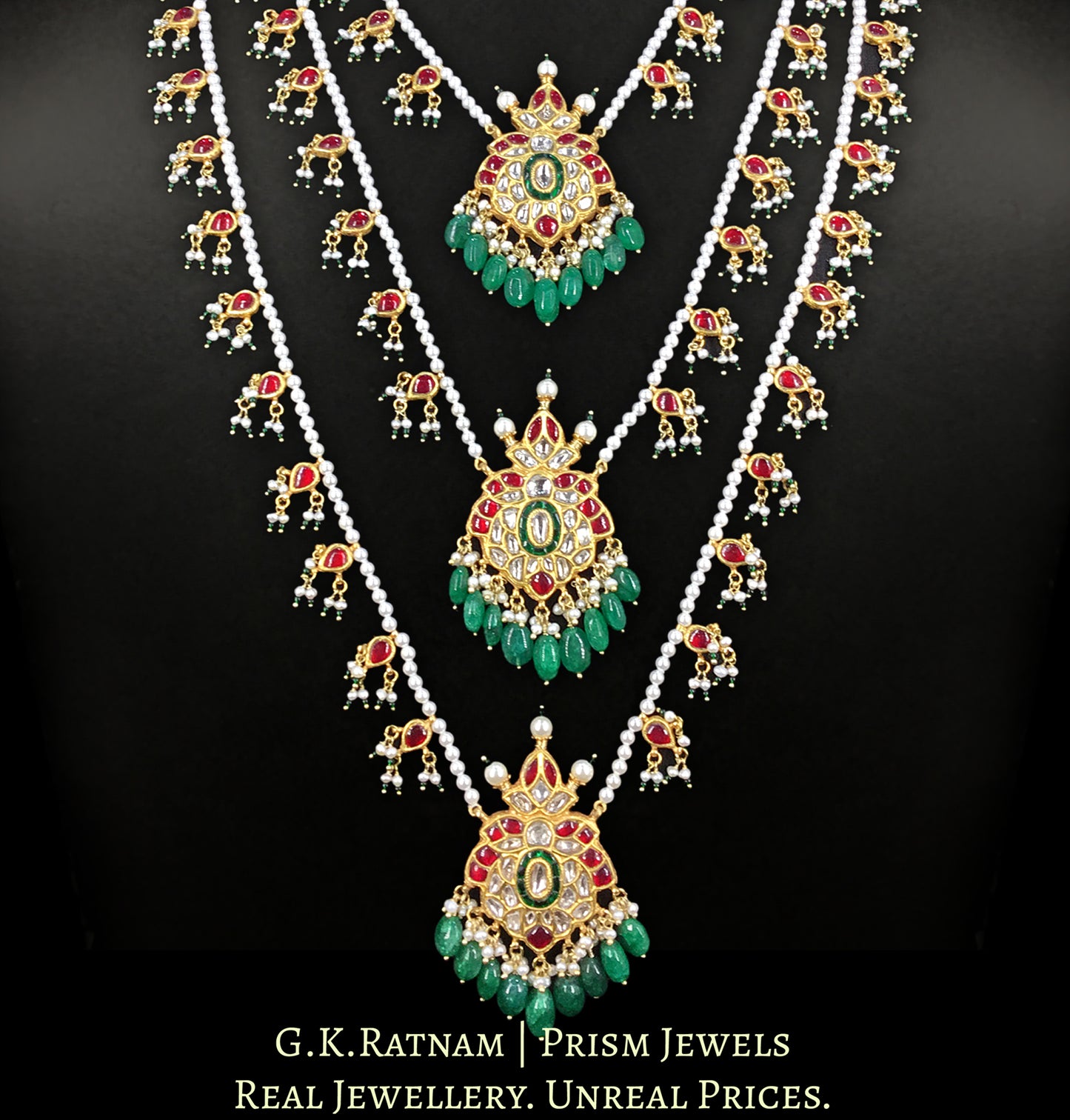 23k Gold and Diamond Polki south-style Teen-Lad (three-row) Necklace with Pearls - G. K. Ratnam