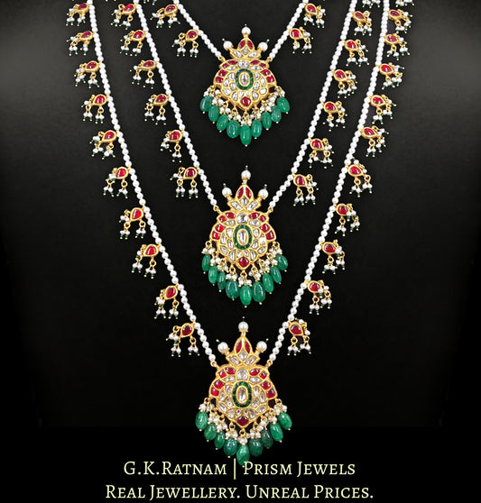 23k Gold and Diamond Polki south-style Teen-Lad (three-row) Necklace with Pearls - G. K. Ratnam
