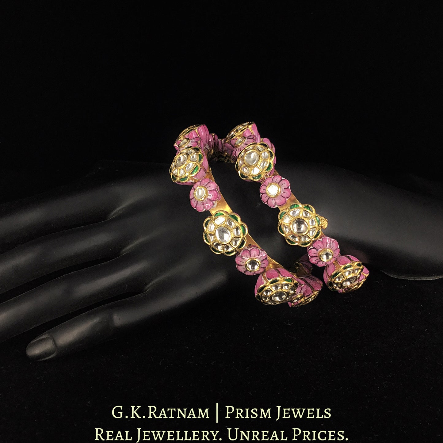 22k Gold and Diamond Polki Bangle Pair (Pacheli) with Pink Meenakari - G. K. Ratnam