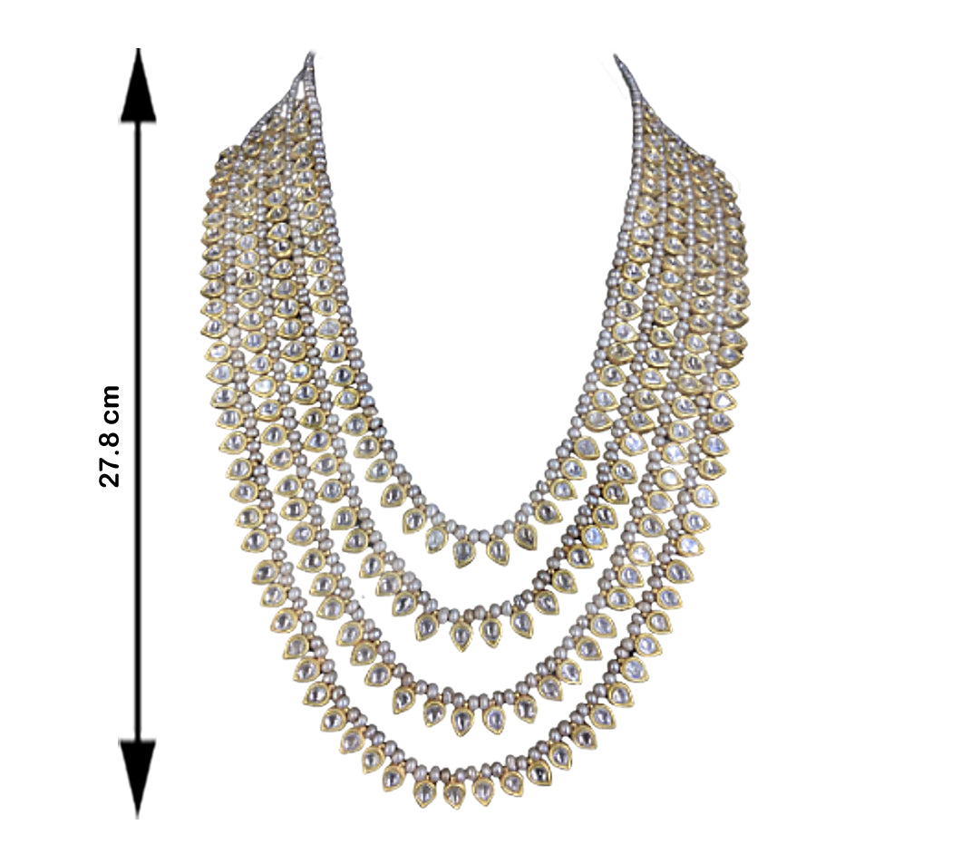 23k Gold and Diamond Polki Chaar-Lad (four-row) Necklace with Antiqued Freshwater Pearls