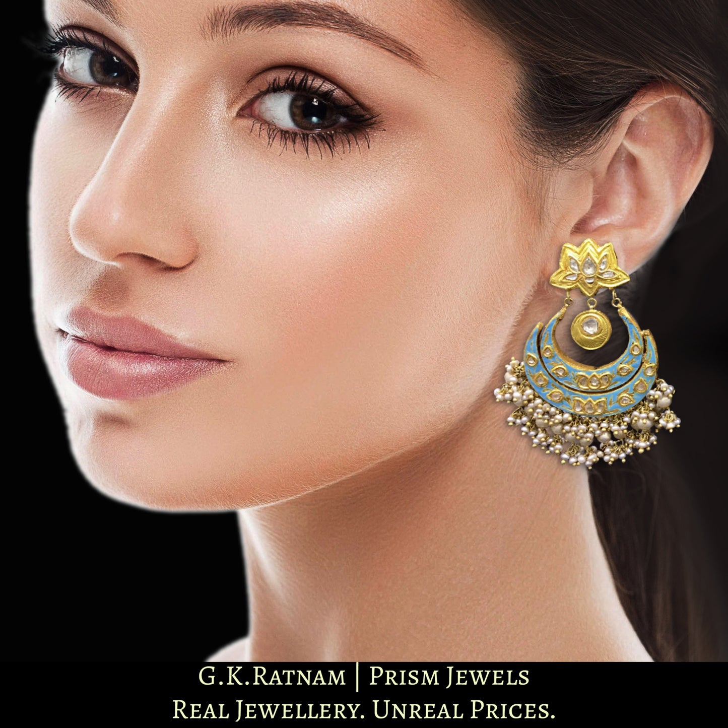 23k Gold and Diamond Polki Reversible Chand Bali Earring Pair with intricate enamelling
