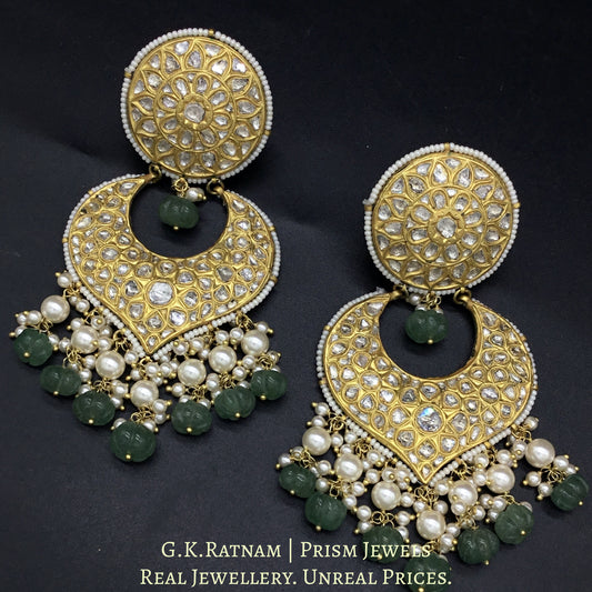 23k Gold and Diamond Polki Chand Bali Earring Pair with Aventurine Melons - G. K. Ratnam