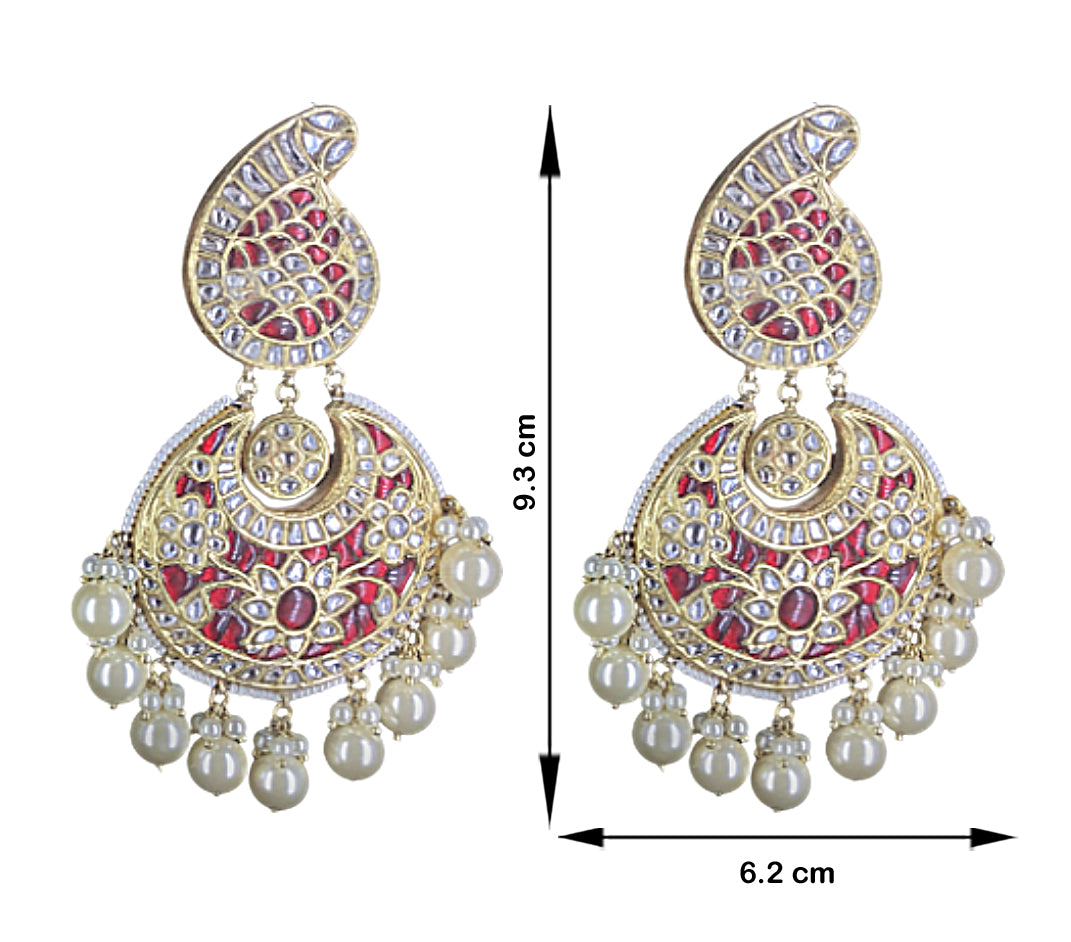 23k Gold and Diamond Polki Red Chand Bali Earring Pair With Pearls