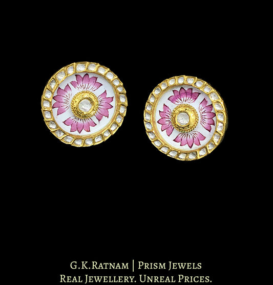 18k Gold and Diamond Polki Karanphool Earring Pair with intricate pink enamelling - G. K. Ratnam