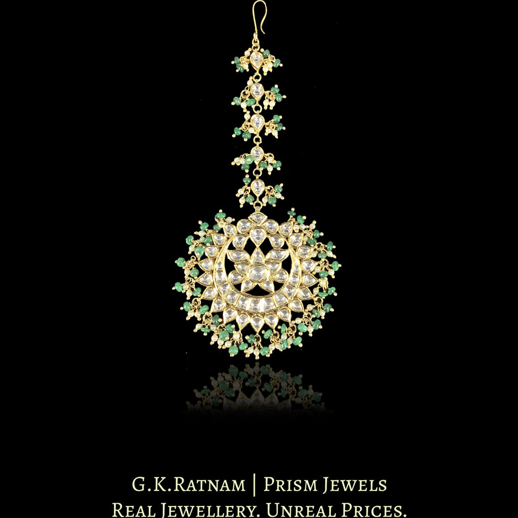 18k Gold And Diamond Polki Maang Tika With emerald-grade Green Beryls and Pearls